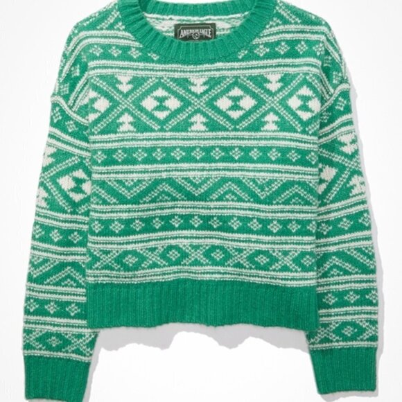 American Eagle Nordic Chunky Knit Pullover Sweater Green White S - Picture 4 of 14